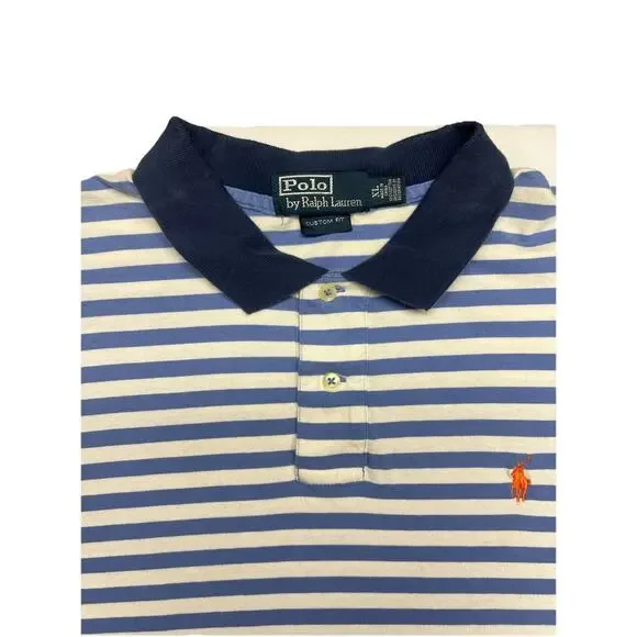 Polo Ralph Lauren Mens XL Short Sleeve Polo Shirt Blue Stripe Orange Logo Preppy - Picture 3 of 9